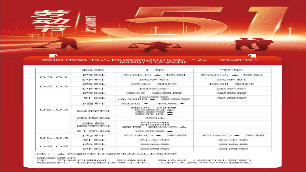 太原市第七人民醫(yī)院2025年“五一勞動(dòng)節(jié)”假期安排